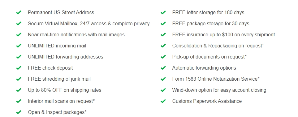 List of additional features offered with the signup of a virtual mailbox