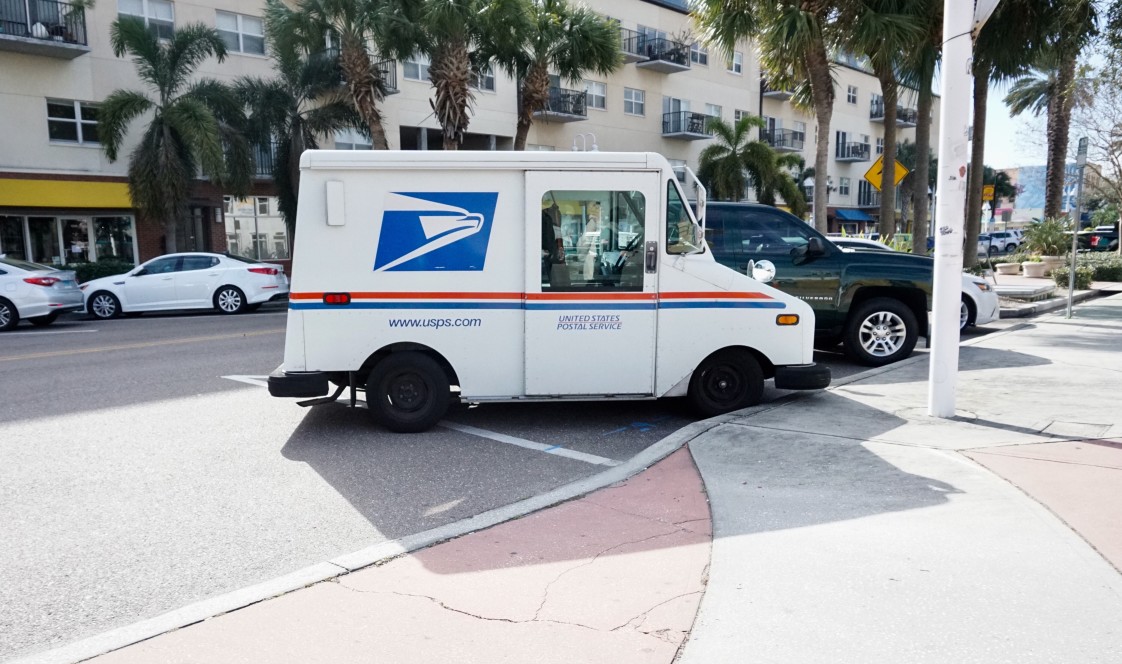usps truck parked downtown